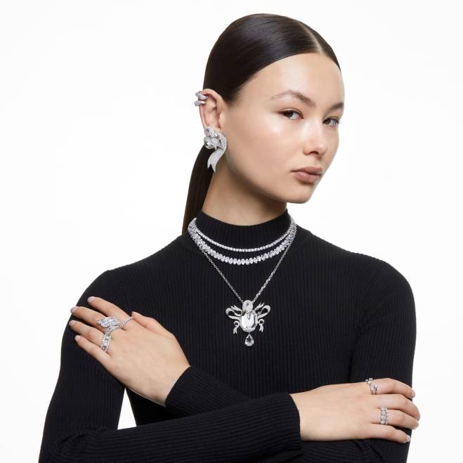 Swarovski DV4B996 gioielleria Zirconia carbonica neutra, tagli misti, bianca, rodiata anello cocktail iperbole