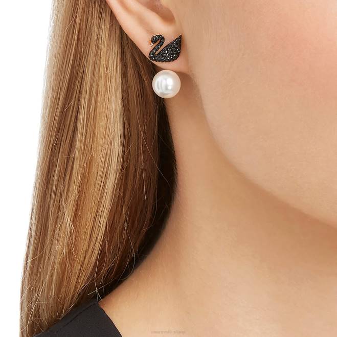Swarovski DV4B964 gioielleria cigno, nero, placcato tonalità oro rosa iconiche giacche con orecchini a cigno