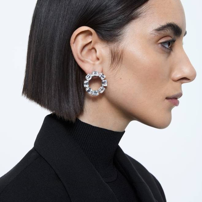 Swarovski DV4B935 gioielleria taglio ottagonale, bianco, placcato rodio orecchini a cerchio millenari