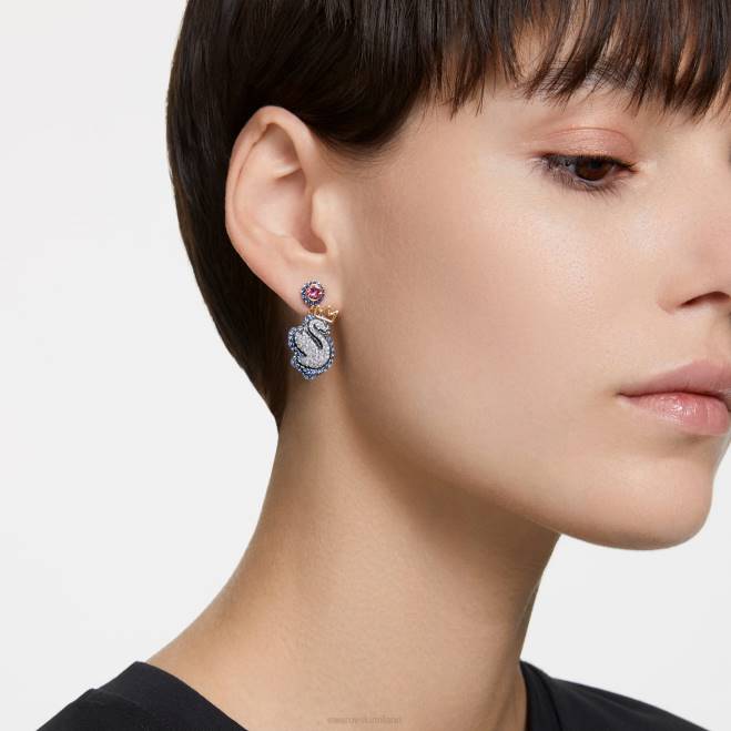 Swarovski DV4B821 gioielleria cigno, blu, placcato color oro orecchini pendenti con cigno pop